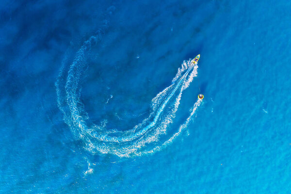 Vacation Leisure Aerial View Fast Boat Blue Sea Sunny Day Stock Photo