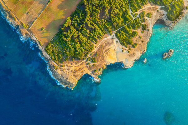 Drone View Sea Coast Rocky Shore Sea Water Vacation Travel Stock Image