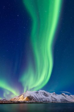 İskandinavya 'daki Aurora Borealis. Norveç, Lofoten adaları. Dağların üzerinden kuzey ışıkları. Yıldızlı gökyüzü. Kuzeyde kış manzarası. Arkaplan, duvar kağıdı, kartpostallar için fotoğraf.