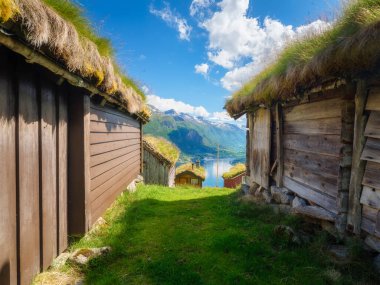 Fiyortlarda doğa. Rakssetra, Norveç. Panoramik manzara. Norveç fiyordunda seyahat ediyor. İskandinavya. Geleneksel eski yerleşim yeri. Çatıda yosun olan evler. Norveç 'te yaz tatili ve seyahati.