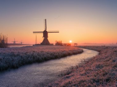 Hollanda 'da güneş doğarken yel değirmenleri. Sisli bir sabah ve güneş ışığı. Hollanda kanalları. Doğa manzarası. Arkaplan, duvar kağıdı, kartpostallar için fotoğraf.