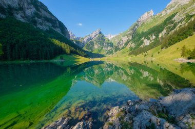 Seealpsee, İsviçre. Göl ve yansımalar su yüzeyinde. Yazın dağ manzaraları. Dağ yürüyüşü, seyahat ve tatil için bir yer. Duvar kağıdı, kartpostal, fotoğraf..