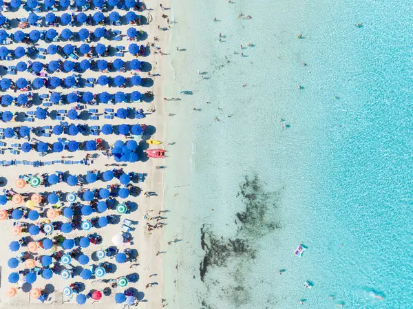 Yaz tatili ve dinlenme. Plaj, insanlar ve şemsiyeler. Kumsaldaki İHA 'nın ve gök mavisi denizin üst görüntüsü. İHA 'dan sahile bak. Arkaplan, duvar kağıdı, kartpostallar.