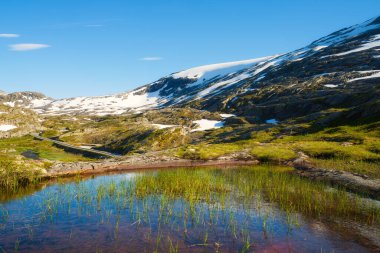 Norveç 'te doğa. Vahşi Norveç 'in panoramik manzarası. Kayalar ve dağlar. Gündüzleri parlak gün ışığı. Norveç 'te yaz tatili ve seyahati.