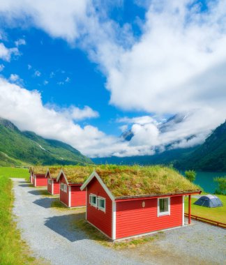 Çatıda yosun olan geleneksel İskandinav evleri. Norveç 'teki güzel dağ gölü. İskandinav yolculuğu. Fiyortlarda doğa. Norveç 'te yaz tatili ve seyahati.