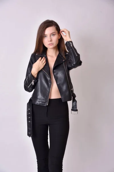 Young Woman Brunette Female Model Black Leather Jacket Studio Photo — Stock Photo, Image