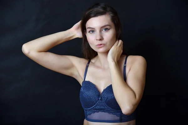 Young Woman Brunette Female Model Navy Blue Underwear Bra Studio — Stock Photo, Image