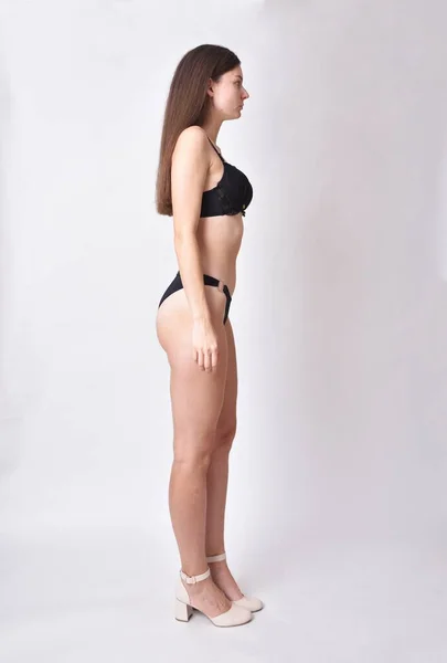Young Woman Brunette Female Model Black Underwear Profile Photo Shoot — Stock Photo, Image