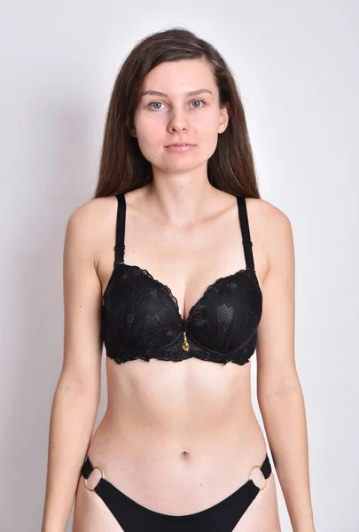 Young Woman Brunette Female Model Black Underwear Profile Photo Shoot — Stock Photo, Image