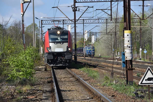ポーランドでの列車 ヴロツワフ市の緑の光を待っている2本の貨物列車 — ストック写真