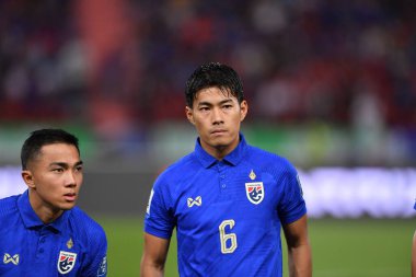 BANGKOK, THAILAND - 16th NOVEMBER, 2023: Sarach Yooyen # 6 Tayland Dünya Kupası sırasında Tayland ile Tayland arasında Tayland 'daki Rajamangkala Stadyumu, Tayland' da Çin 'e karşı oynandı.