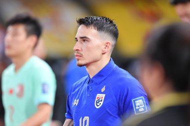 BANGKOK, THAILAND - 16th NOVEMBER, 2023: Tristan Tayland Dünya Kupası sırasında Tayland 'ın 19 numaralı oyuncusu Tayland' ın başkenti Tayland 'daki rajamangkala Stadyumu' nda Çin 'e karşı oynamıştır.