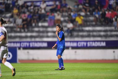 BURIRAM, THAILAND - 10 Mart 2023: Thawanrat Promthongmee # 9 Tayland Oyuncusu AFC U-20 Kadın Asya Kupası sırasında Tayland 'a karşı Buriram City, Tayland