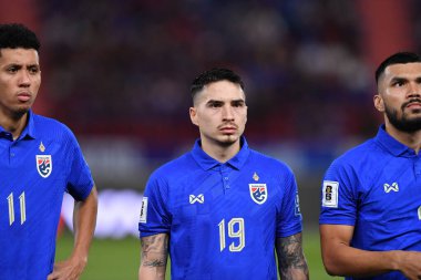 BANGKOK, THAILAND - 16th NOVEMBER, 2023: Tristan Tayland Dünya Kupası sırasında Tayland 'ın 19 numaralı oyuncusu Tayland' ın başkenti Tayland 'daki rajamangkala Stadyumu' nda Çin 'e karşı oynamıştır.