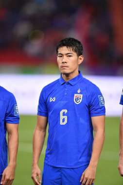 BANGKOK, THAILAND - 16th NOVEMBER, 2023: Sarach Yooyen # 6 Tayland Dünya Kupası sırasında Tayland ile Tayland arasında Tayland 'daki Rajamangkala Stadyumu, Tayland' da Çin 'e karşı oynandı.