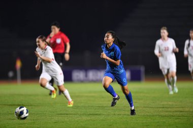 BURIRAM, THAILAND - 10 Mart 2023: Thawanrat Promthongmee # 9 Tayland Oyuncusu AFC U-20 Kadın Asya Kupası sırasında Tayland 'a karşı Buriram City, Tayland