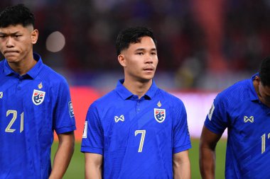 BANGKOK, THAILAND - 16th NOVEMBER, 2023: Suppachok Sarachat # 7 Tayland Dünya Kupası sırasında Tayland ile Tayland arasında Tayland 'daki rajamangkala Stadyumu' nda Çin 'e karşı oynanan karşılaşma