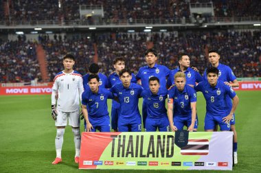 Bangkok - Tayland - 26 Mart 2024 - Tayland Dünya Kupası sırasındaki Tayland oyuncuları, Tayland 'daki Rajamangkala Stadyumu' nda Güney Kore ile karşılaştı.