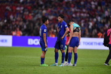 Bangkok - Tayland - 26 Mart 2024 - Tayland Dünya Kupası sırasındaki Tayland oyuncuları, Tayland 'daki Rajamangkala Stadyumu' nda Güney Kore ile karşılaştı.