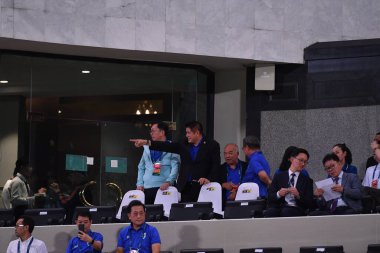 Bangkok, Tayland - 26 Mart 2024: Dünya Kupası sırasında Tammanut Prompao Tarım ve Kooperatifler Bakanı Tayland ile Güney Kore arasındaki rajamangkala Stadyumu, Tayland