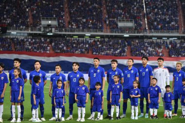 Bangkok - Tayland - 26 Mart 2024 - Tayland Dünya Kupası sırasındaki Tayland oyuncuları, Tayland 'daki Rajamangkala Stadyumu' nda Güney Kore ile karşılaştı.