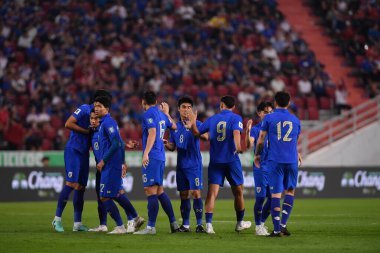 Bangkok - Tayland - 26 Mart 2024 - Tayland Dünya Kupası sırasındaki Tayland oyuncuları, Tayland 'daki Rajamangkala Stadyumu' nda Güney Kore ile karşılaştı.