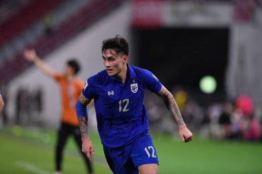 Bangkok, Tayland - 26 Mart 2024: Dünya Kupası sırasında Tayland ile Tayland arasında Tayland 'daki rajamangkala Stadyumu' nda oynanan 12 numaralı SAA Mickelson