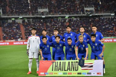 Bangkok - Tayland - 26 Mart 2024 - Tayland Dünya Kupası sırasındaki Tayland oyuncuları, Tayland 'daki Rajamangkala Stadyumu' nda Güney Kore ile karşılaştı.