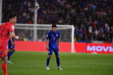 Bangkok, Tayland - 26 Mart 2024: Weerathep Pompan 22 numaralı Tayland Dünya Kupası 'nda Tayland ile Tayland arasındaki rajamangkala Stadyumu maçına çıktı.