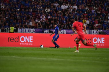 Bangkok, Tayland - 26 Mart 2024: Dünya Kupası sırasında Tayland ile Tayland arasında Tayland 'daki rajamangkala Stadyumu' nda oynanan 12 numaralı SAA Mickelson