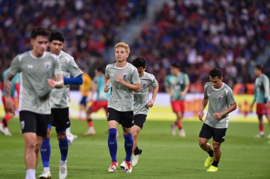 Bangkok - Tayland - 26 Mart 2024 - Tayland Dünya Kupası sırasındaki Tayland oyuncuları, Tayland 'daki Rajamangkala Stadyumu' nda Güney Kore ile karşılaştı.