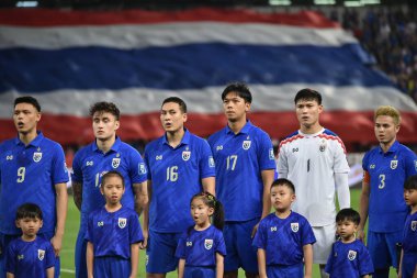Bangkok - Tayland - 26 Mart 2024 - Tayland Dünya Kupası sırasındaki Tayland oyuncuları, Tayland 'daki Rajamangkala Stadyumu' nda Güney Kore ile karşılaştı.