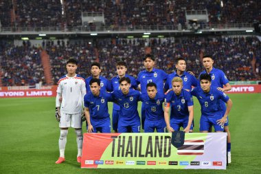 Bangkok - Tayland - 26 Mart 2024 - Tayland Dünya Kupası sırasındaki Tayland oyuncuları, Tayland 'daki Rajamangkala Stadyumu' nda Güney Kore ile karşılaştı.