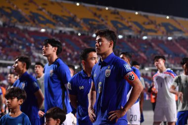 Bangkok - Tayland - 26 Mart 2024 - Tayland Dünya Kupası sırasındaki Tayland oyuncuları, Tayland 'daki Rajamangkala Stadyumu' nda Güney Kore ile karşılaştı.