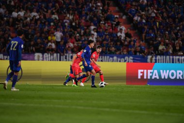 Bangkok, Tayland - 26 Mart 2024: Dünya Kupası sırasında Tayland ile Tayland arasında Tayland 'daki rajamangkala Stadyumu' nda oynanan 12 numaralı SAA Mickelson