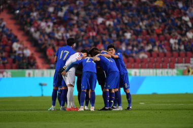 Bangkok - Tayland - 26 Mart 2024 - Tayland Dünya Kupası sırasındaki Tayland oyuncuları, Tayland 'daki Rajamangkala Stadyumu' nda Güney Kore ile karşılaştı.