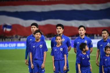 Bangkok - Tayland - 26 Mart 2024 - Tayland Dünya Kupası sırasındaki Tayland oyuncuları, Tayland 'daki Rajamangkala Stadyumu' nda Güney Kore ile karşılaştı.