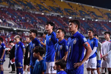 Bangkok - Tayland - 26 Mart 2024 - Tayland Dünya Kupası sırasındaki Tayland oyuncuları, Tayland 'daki Rajamangkala Stadyumu' nda Güney Kore ile karşılaştı.