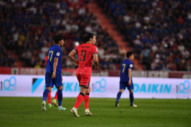 Bangkok, Tayland - 26 Mart 2024 - Dünya Kupası sırasında Güney Kore 'nin Cho Gue Sung # 9. Oyuncusu Rajamangkala Stadyumu' nda Güney Kore 'ye karşı mücadele etti.