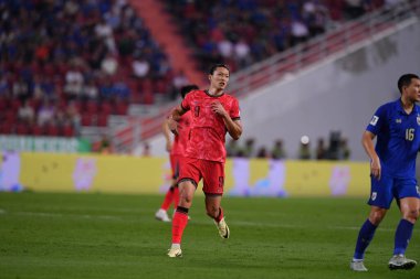 Bangkok, Tayland - 26 Mart 2024 - Dünya Kupası sırasında Güney Kore 'nin Cho Gue Sung # 9. Oyuncusu Rajamangkala Stadyumu' nda Güney Kore 'ye karşı mücadele etti.