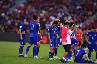 Bangkok - Tayland - 26 Mart 2024 - Tayland Dünya Kupası sırasındaki Tayland oyuncuları, Tayland 'daki Rajamangkala Stadyumu' nda Güney Kore ile karşılaştı.