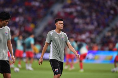 BANGKOK, THAILAND-26 MARCH, 2024: Suphachai Jaided # 9 numaralı Tayland Kupası sırasında Tayland ile Güney Kore arasındaki rajamangkala stadyumu, Tayland