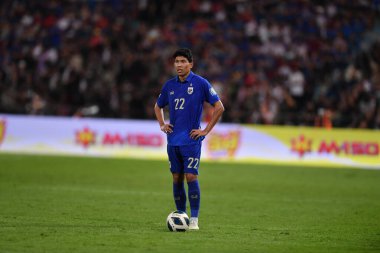 BANGKOK, THAILAND-26 MARCH, 2024: Weerathep Pompan # 22 Tayland Dünya Kupası 'nda Tayland ile Güney Kore arasında Tayland rajamangkala Stadyumu' nda mücadele etme hakkı kazandı.