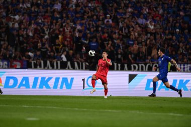 Bangkok, Tayland - 26 Mart 2024: Tayland 'daki Rajamangala Stadyumu' nda Tayland ile Güney Kore arasında oynanan Dünya Kupası sırasında Güney Kore 'nin 15 numaralı oyuncusu Kim Moonhwan.