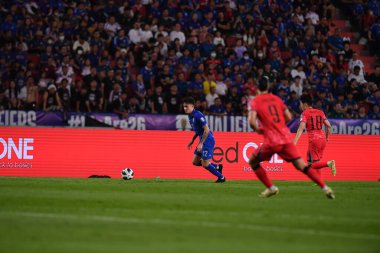 Bangkok, Tayland - 26 Mart 2024: Dünya Kupası sırasında Tayland ile Tayland arasında Tayland 'daki rajamangkala Stadyumu' nda oynanan 12 numaralı SAA Mickelson