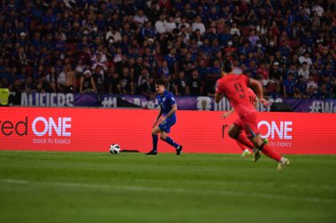 Bangkok, Tayland - 26 Mart 2024: Dünya Kupası sırasında Tayland ile Tayland arasında Tayland 'daki rajamangkala Stadyumu' nda oynanan 12 numaralı SAA Mickelson