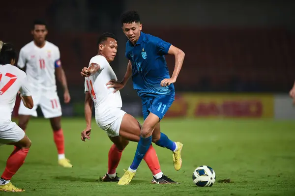 stock image Pathumthani, Thailand - December 11, 2022: Bordin Phala #11 Player of Thailand during friendly match between Thailand against Myanmar at Thammasat stadium in Thailand.