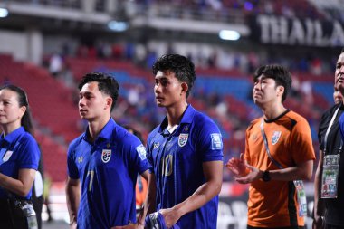 Bangkok, Tayland - 26 Mart 2024: Dünya Kupası sırasında Suphanut Meuanta # 10 Tayland Kupası 'nda Güney Kore ile Tayland' daki Rajamangkala Stadyumu 'nda karşılaştı..