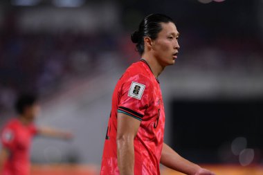 Bangkok, Tayland - 26 Mart 2024 - Dünya Kupası sırasında Güney Kore 'nin Cho Gue Sung # 9. Oyuncusu Rajamangkala Stadyumu' nda Güney Kore 'ye karşı mücadele etti.