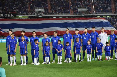 Bangkok - Tayland - 26 Mart 2024 - Tayland Dünya Kupası sırasındaki Tayland oyuncuları, Tayland 'daki Rajamangkala Stadyumu' nda Güney Kore ile karşılaştı.